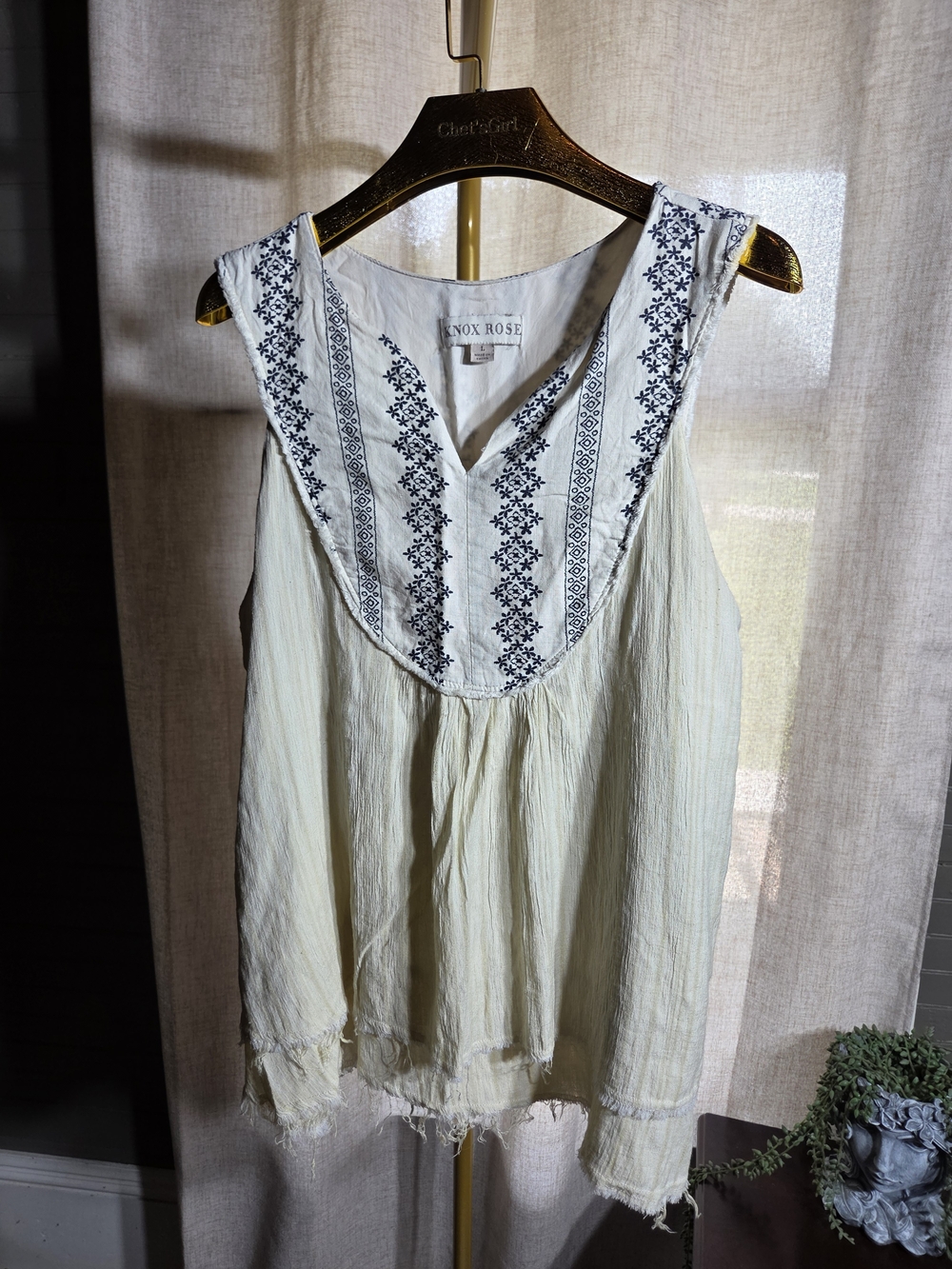 Knox Rose Cream Sleeveless Embroidered Yoke Tank